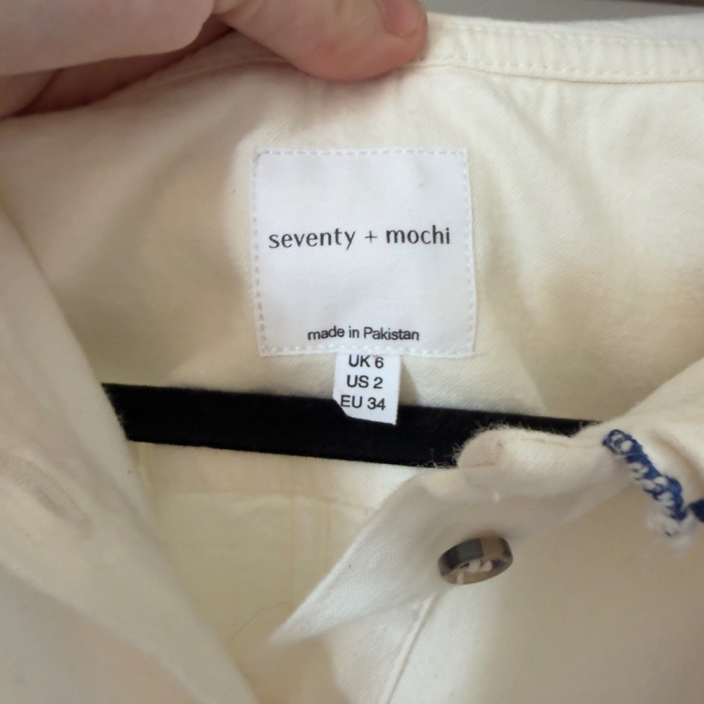White Ruffled Collar Button-Front Blouse with Blue Trim - Picture 4 of 6